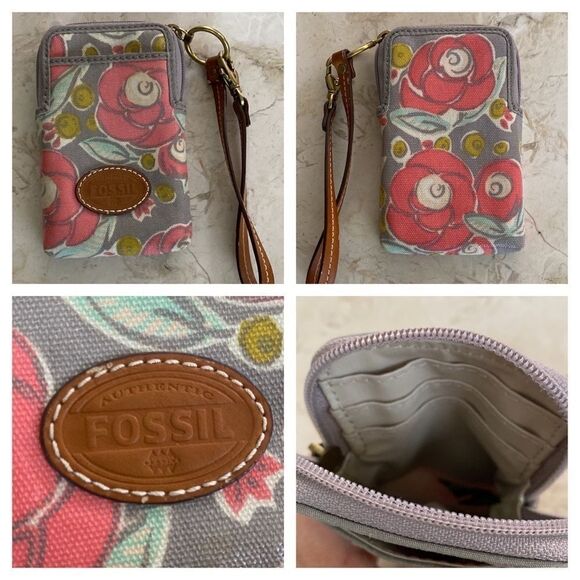 Fossil Leather &  Coated Canvas Wallet Cell Phone Wristlet  - As New - Picture 1 of 11